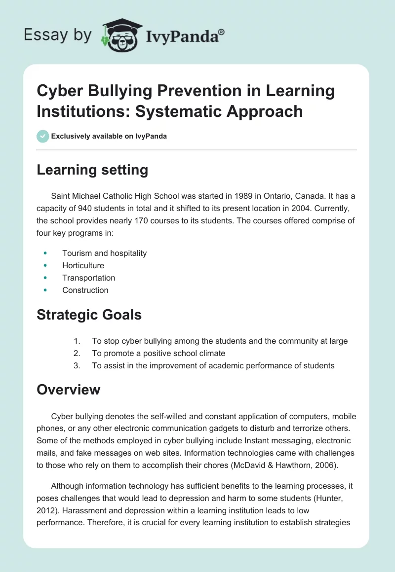 Cyber Bullying Prevention in Learning Institutions: Systematic Approach. Page 1