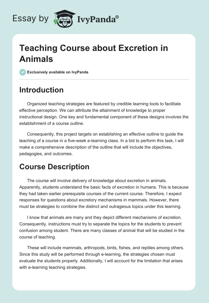 Teaching Course about Excretion in Animals. Page 1