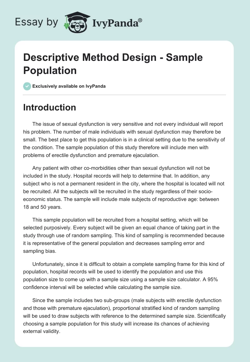 Descriptive Method Design - Sample Population. Page 1