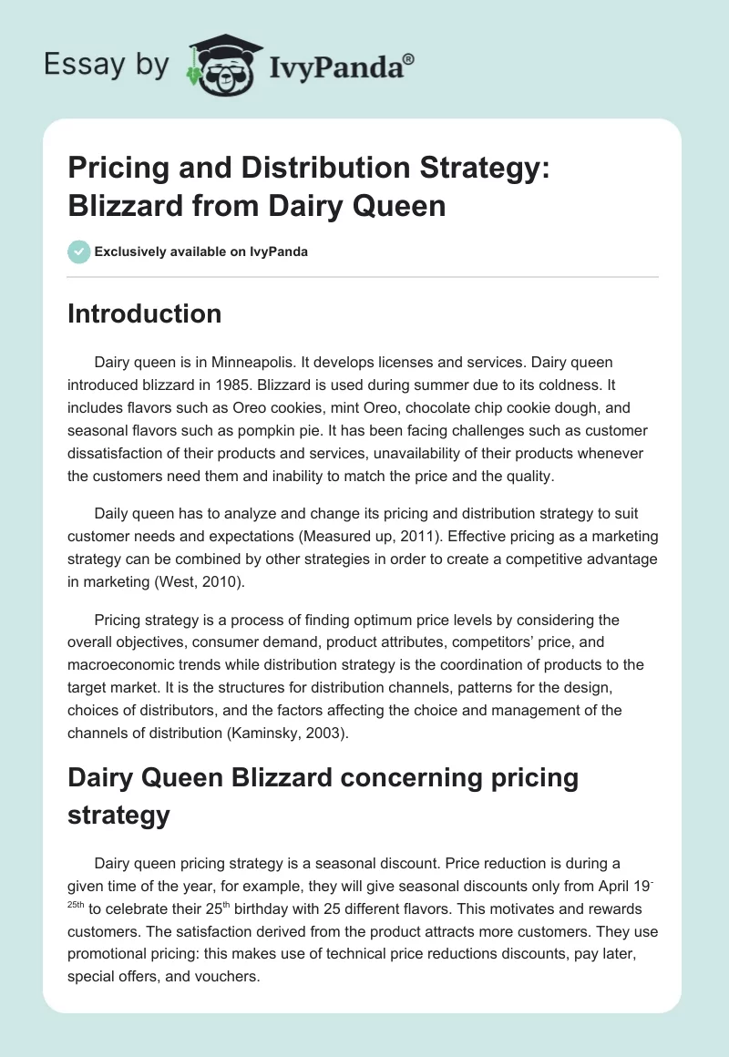Pricing and Distribution Strategy: Blizzard From Dairy Queen. Page 1