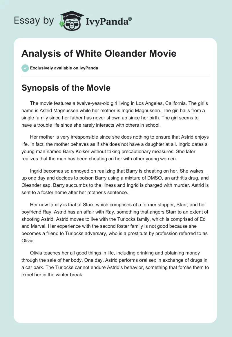 Analysis of White Oleander Movie. Page 1