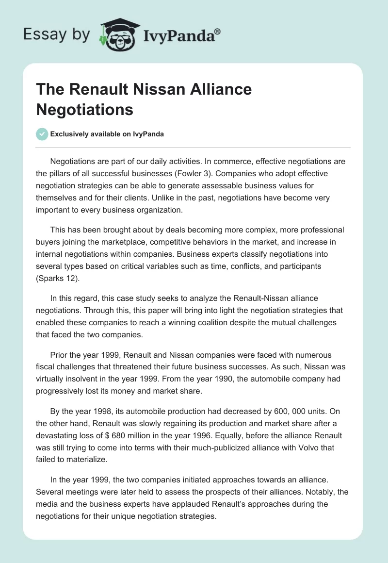The Renault Nissan Alliance Negotiations. Page 1