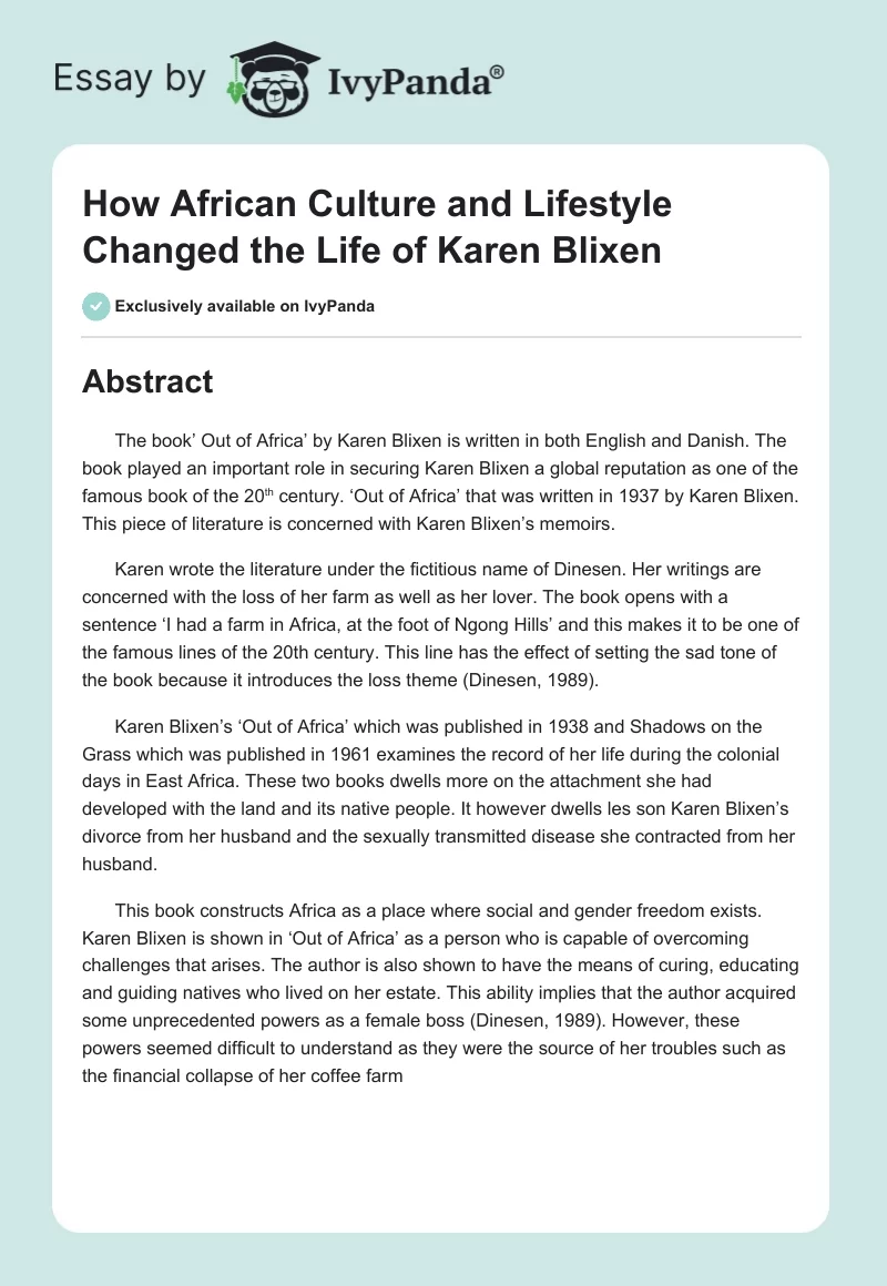 How African Culture and Lifestyle Changed the Life of Karen Blixen. Page 1