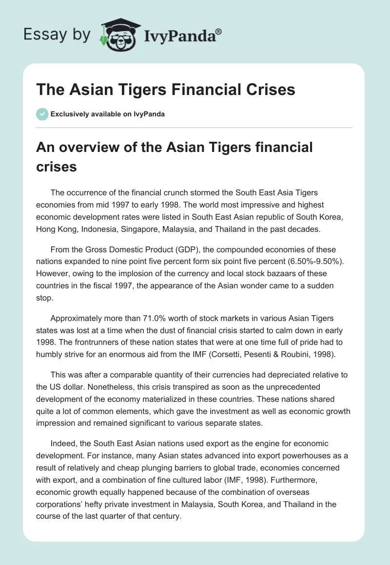 The Asian Tigers Financial Crises. Page 1