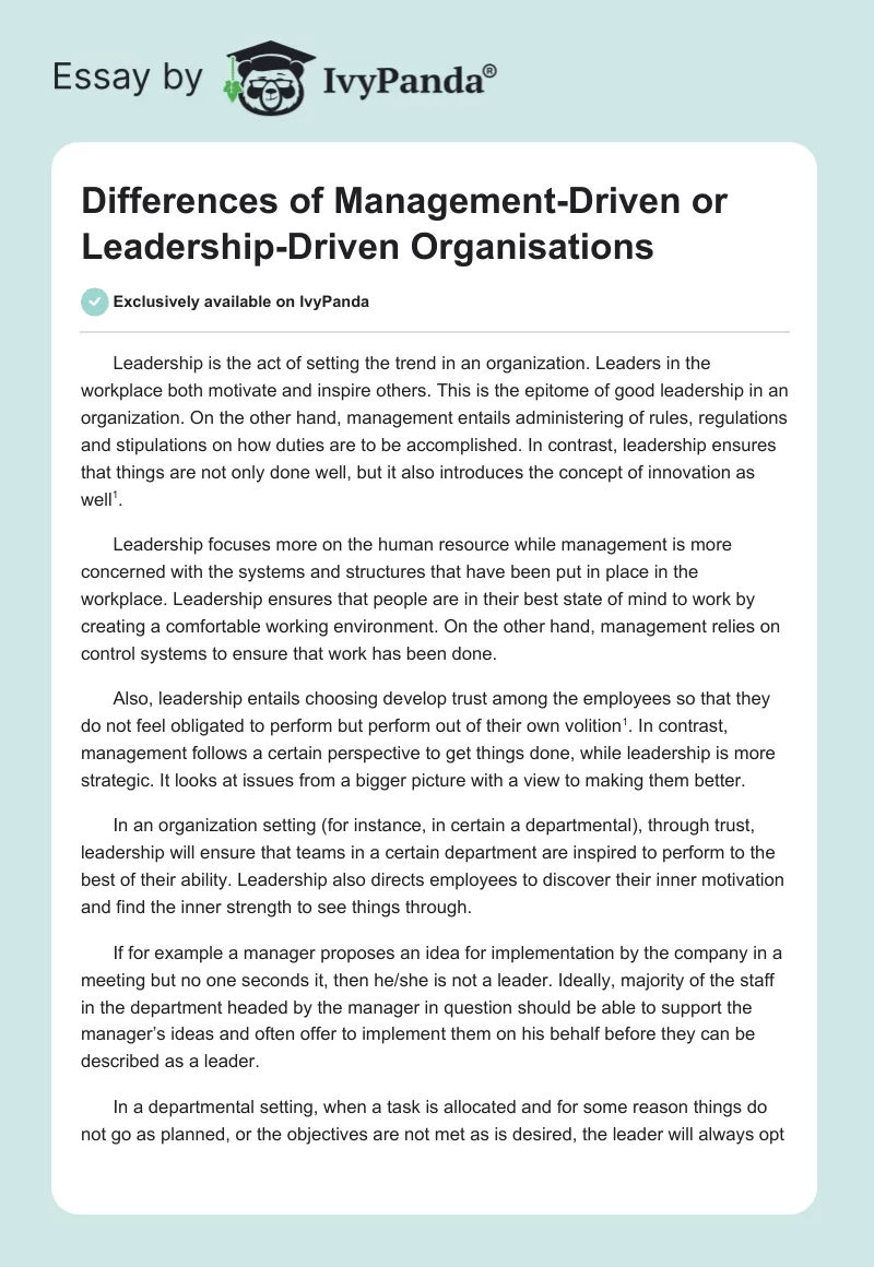 Differences of Management-Driven or Leadership-Driven Organisations. Page 1