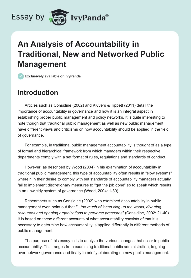 An Analysis of Accountability in Traditional, New and Networked Public Management. Page 1