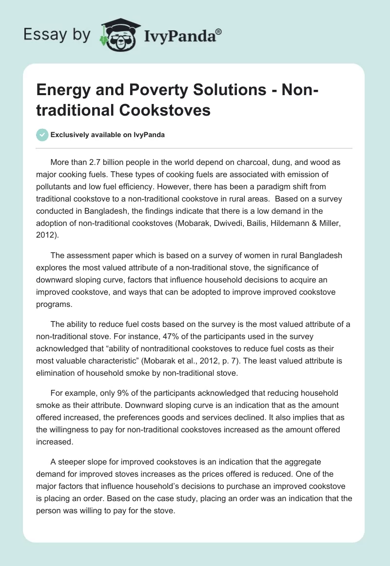 Energy and Poverty Solutions – Non-Traditional Cookstoves. Page 1