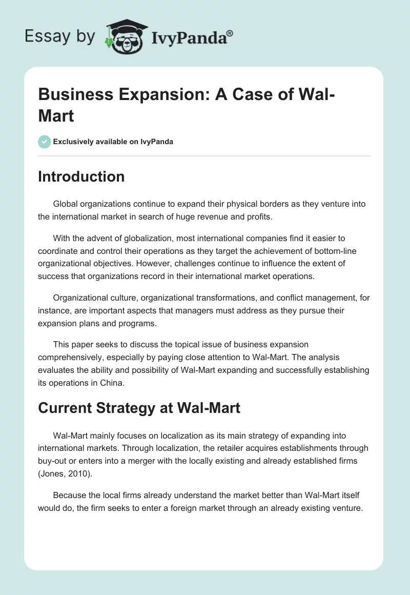 Business Expansion: A Case of Wal-Mart. Page 1