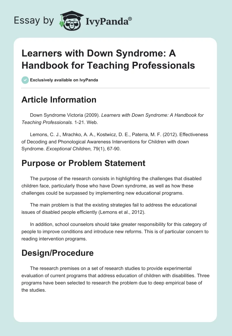 Learners with Down Syndrome: A Handbook for Teaching Professionals. Page 1