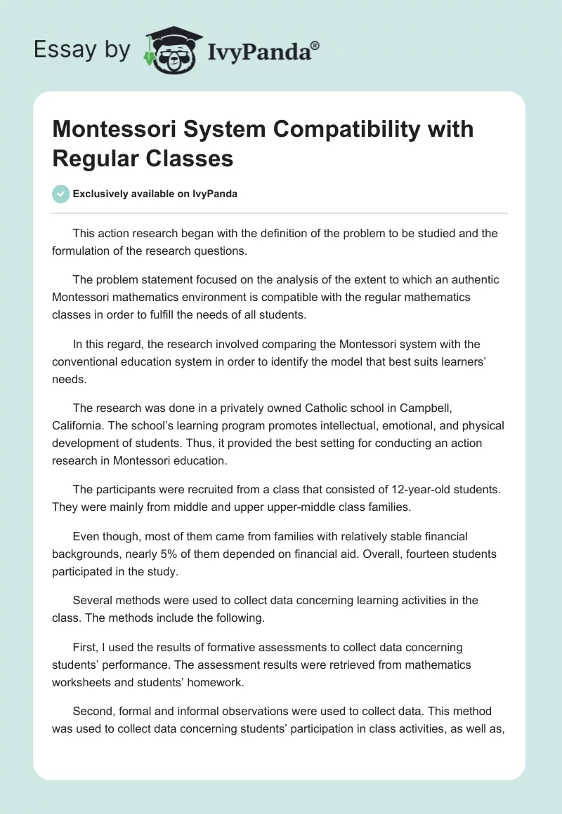 Montessori System Compatibility with Regular Classes. Page 1