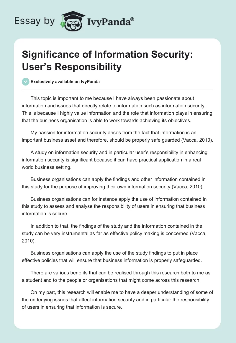 Significance of Information Security: User’s Responsibility. Page 1