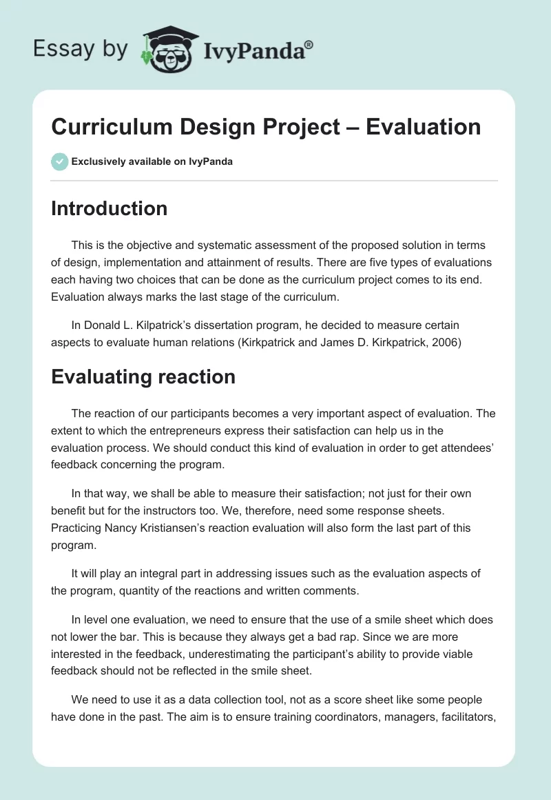 Curriculum Design Project – Evaluation. Page 1