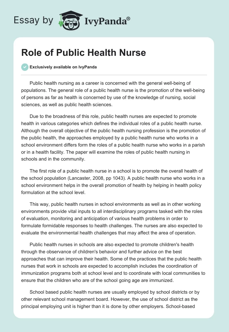 Role of Public Health Nurse. Page 1