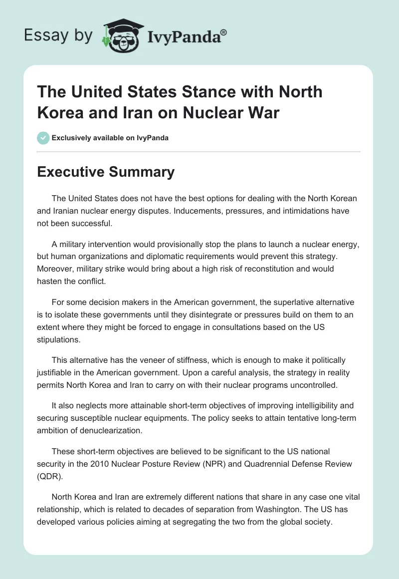The United States Stance With North Korea and Iran on Nuclear War. Page 1