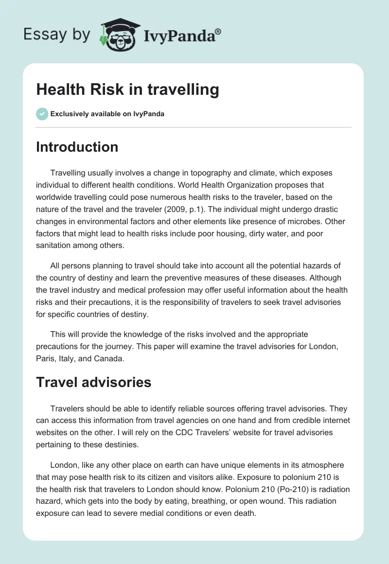 Health Risk in travelling. Page 1