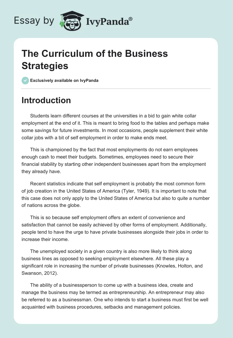 The Curriculum of the Business Strategies. Page 1