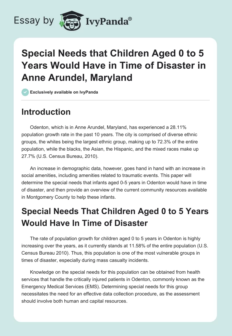 Special Needs that Children Aged 0 to 5 Years Would Have in Time of Disaster in Anne Arundel, Maryland. Page 1