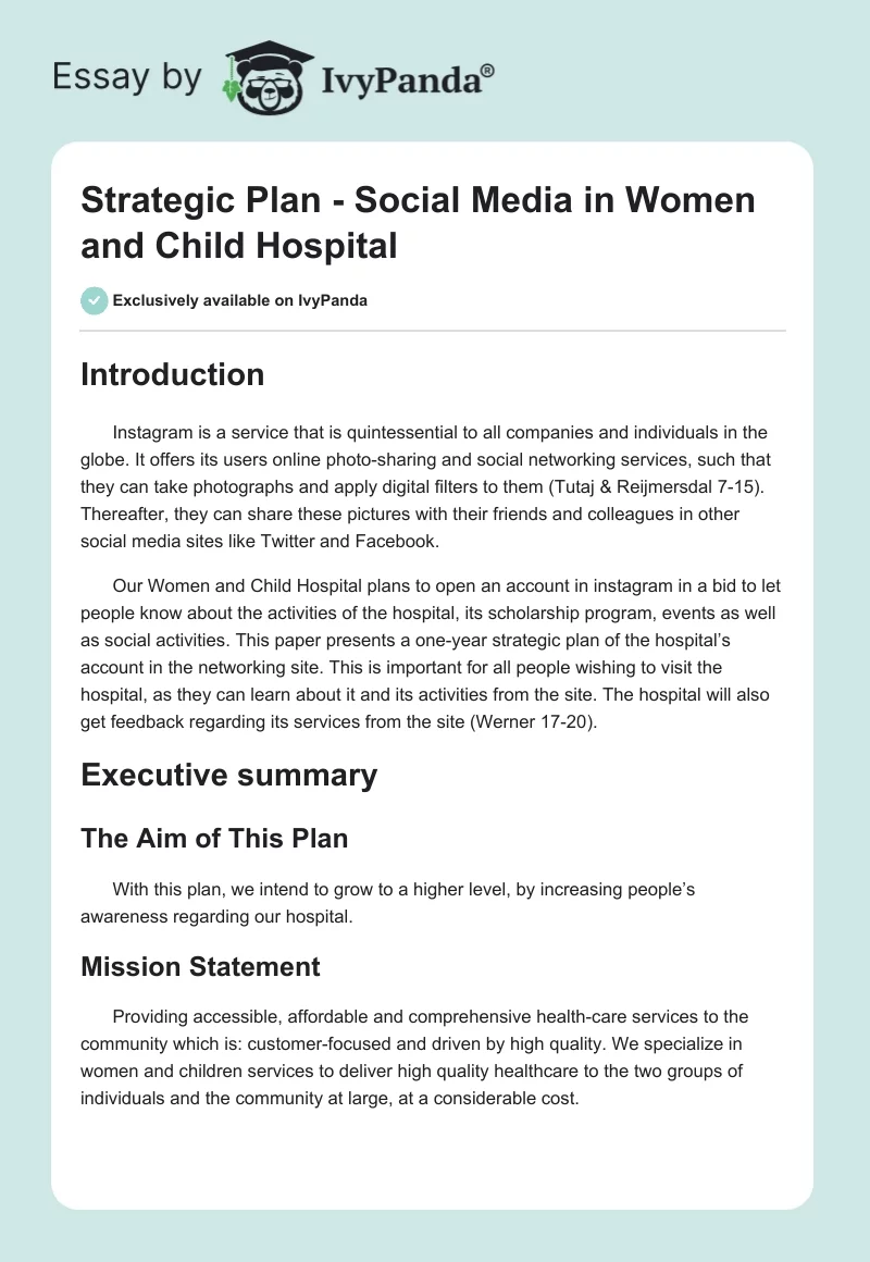 Strategic Plan - Social Media in Women and Child Hospital. Page 1