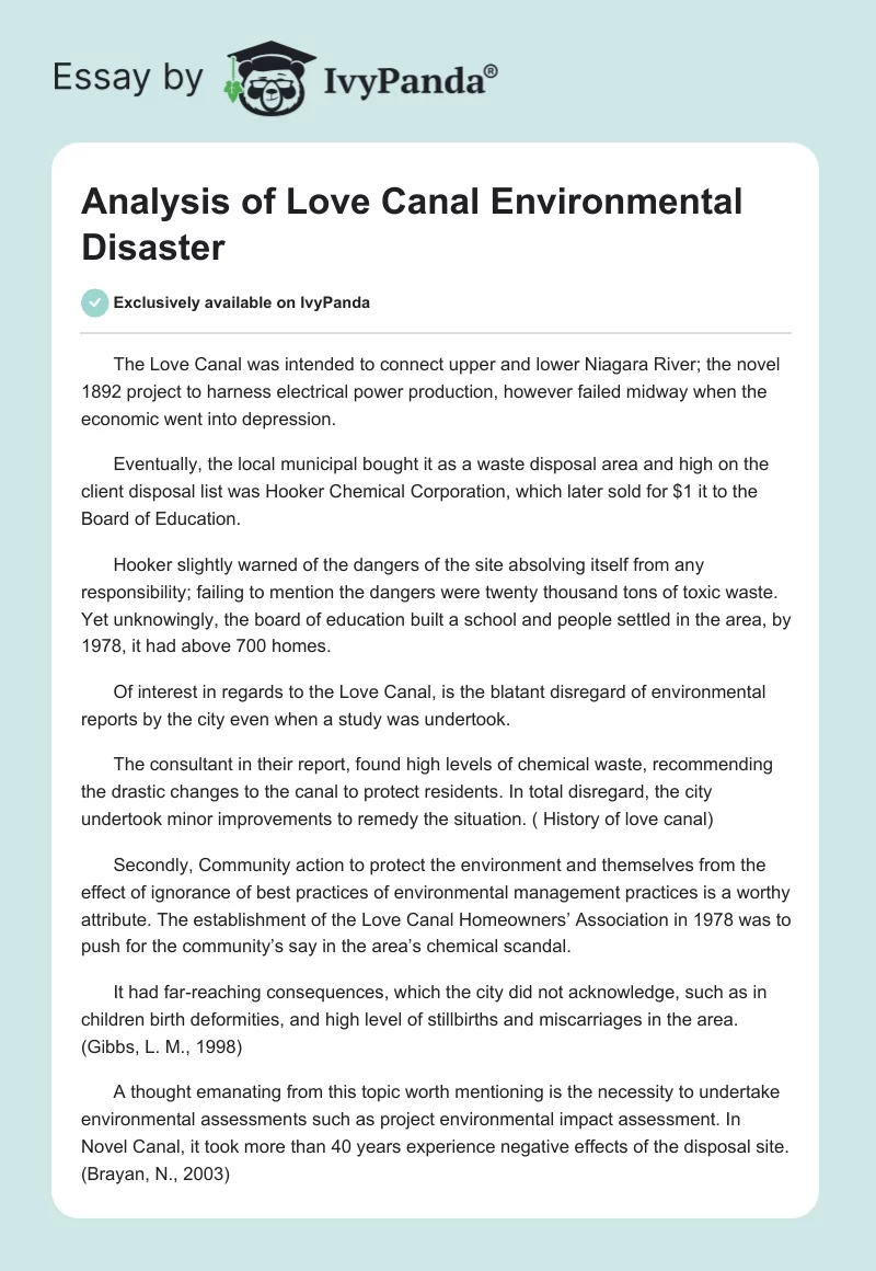 Analysis of Love Canal Environmental Disaster. Page 1
