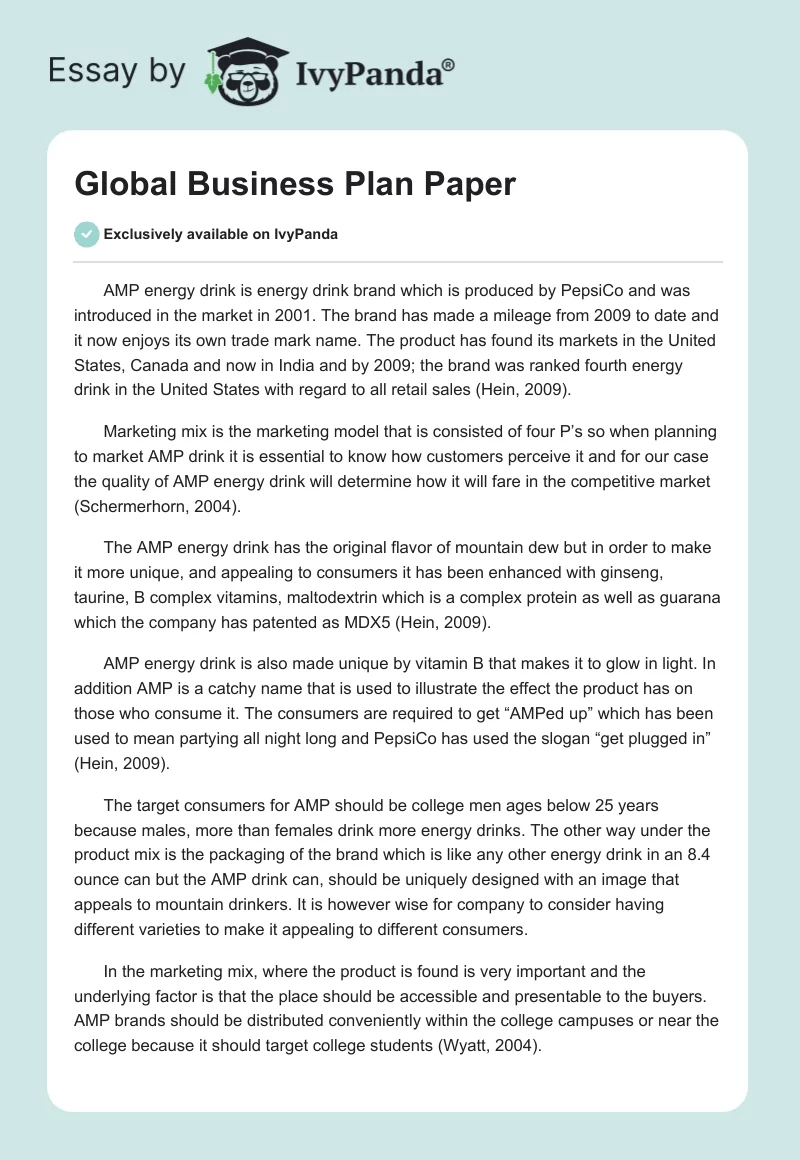 Global Business Plan Paper. Page 1