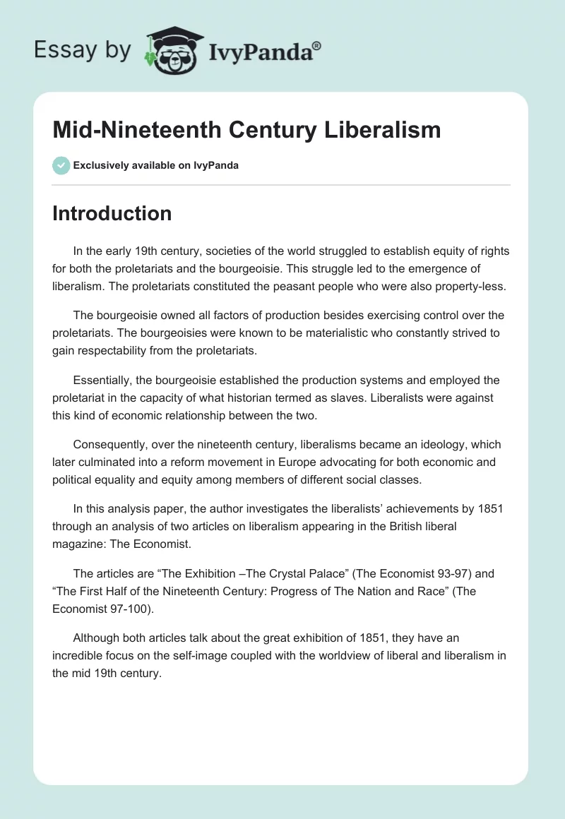 Mid-Nineteenth Century Liberalism. Page 1