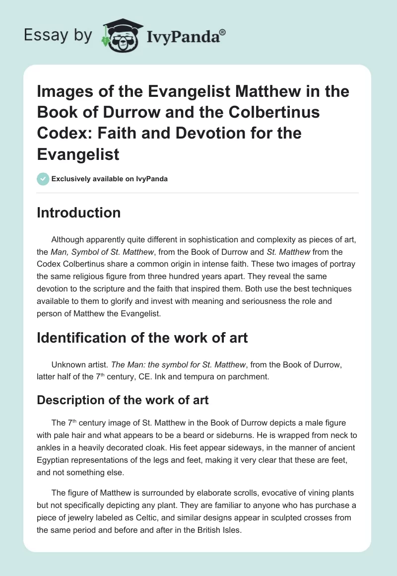 Images of the Evangelist Matthew in the Book of Durrow and the Colbertinus Codex: Faith and Devotion for the Evangelist. Page 1