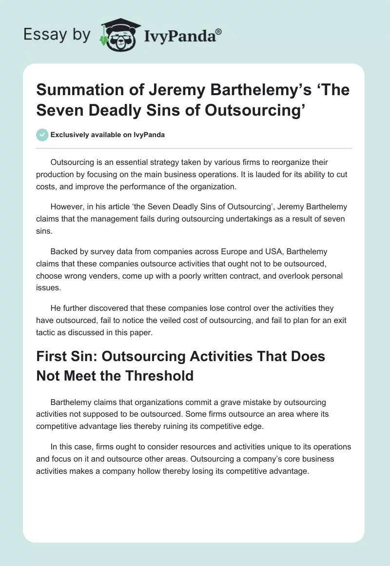 Summation of Jeremy Barthelemy’s ‘The Seven Deadly Sins of Outsourcing’. Page 1