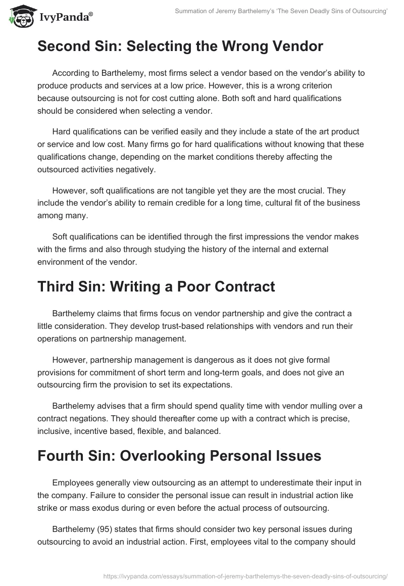 Summation of Jeremy Barthelemy’s ‘The Seven Deadly Sins of Outsourcing’. Page 2