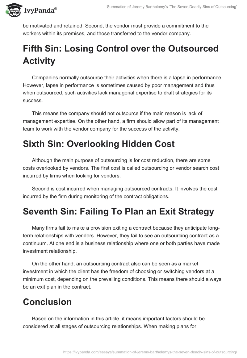 Summation of Jeremy Barthelemy’s ‘The Seven Deadly Sins of Outsourcing’. Page 3