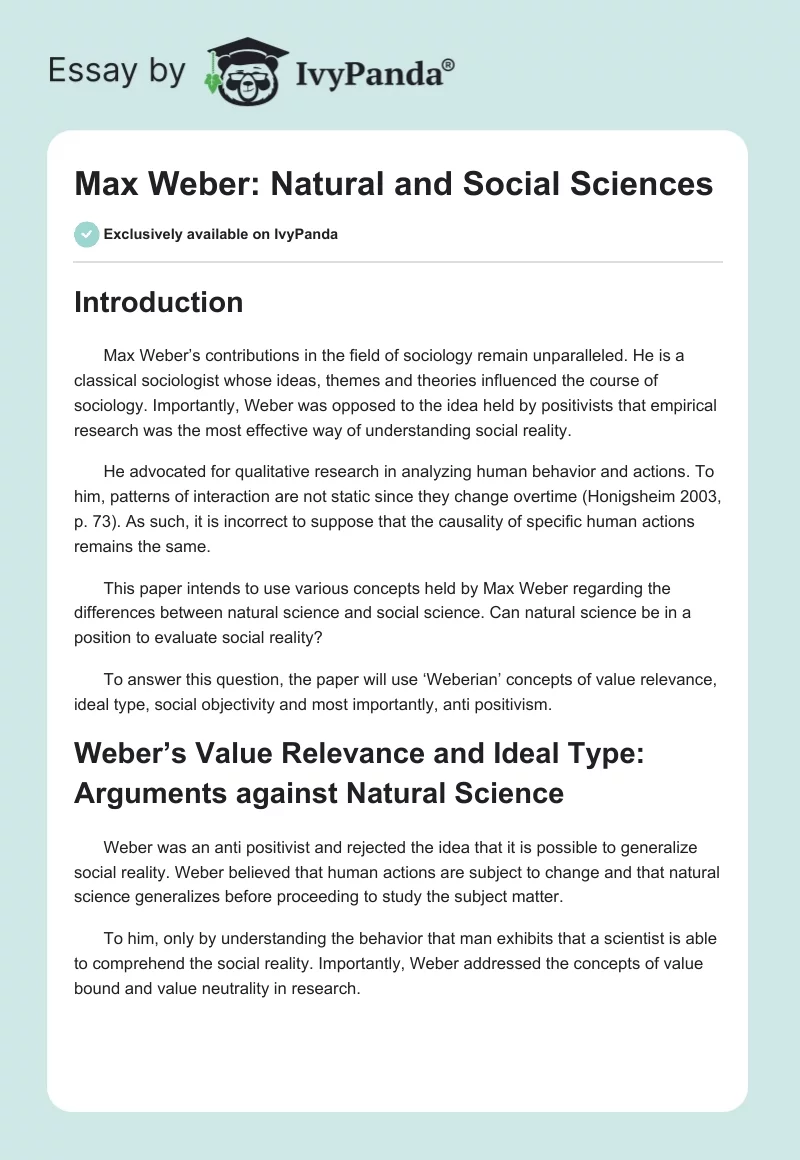 Max Weber: Natural and Social Sciences. Page 1