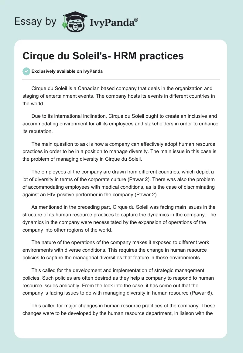 Cirque du Soleil's- HRM practices. Page 1