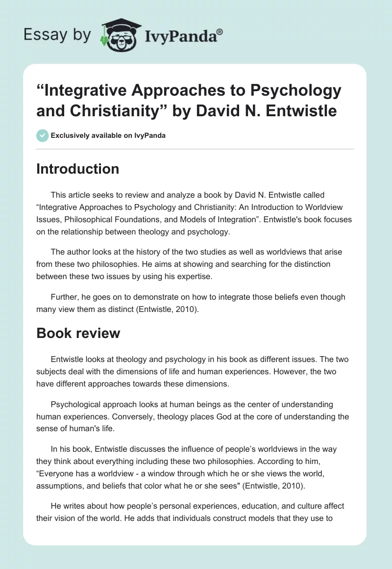 “Integrative Approaches to Psychology and Christianity” by David N. Entwistle. Page 1