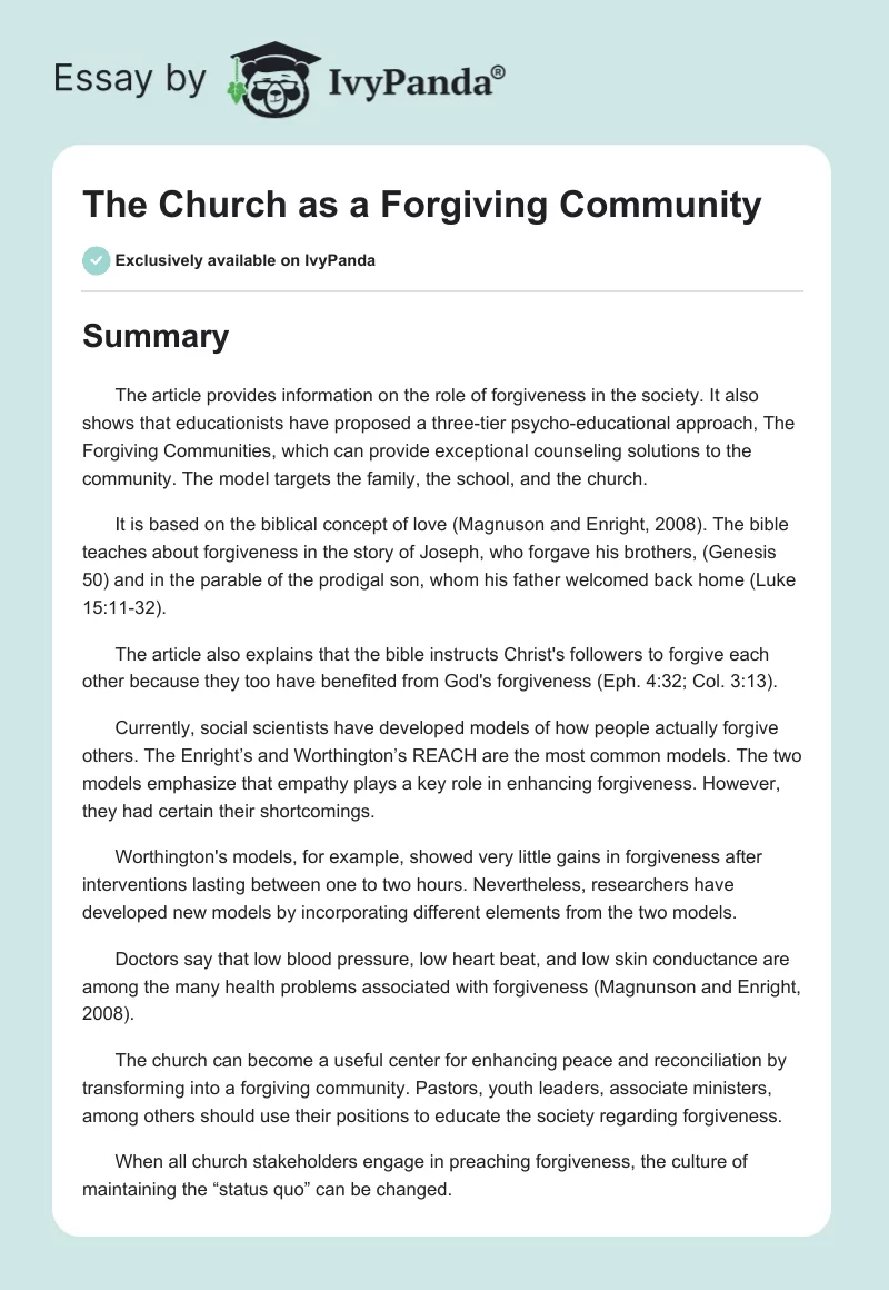 The Church as a Forgiving Community. Page 1