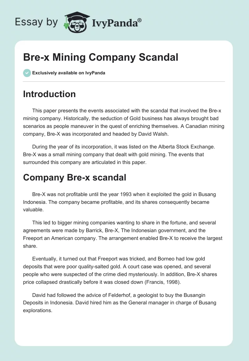Bre-x Mining Company Scandal. Page 1
