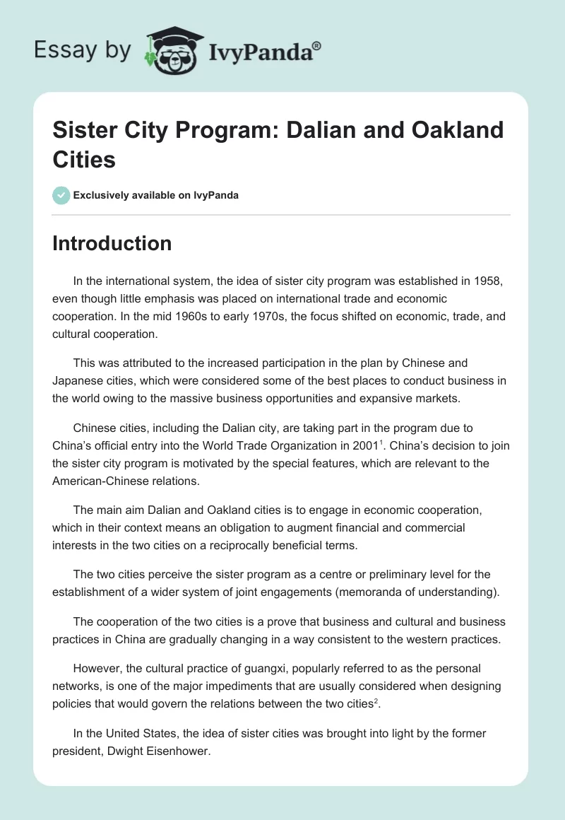 Sister City Program: Dalian and Oakland Cities. Page 1