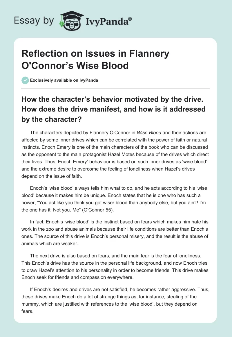 Reflection on Issues in Flannery O'Connor’s Wise Blood. Page 1