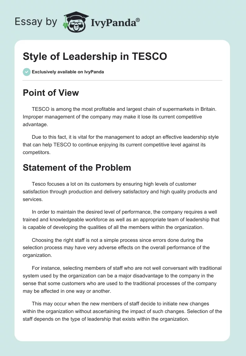Style of Leadership in TESCO. Page 1