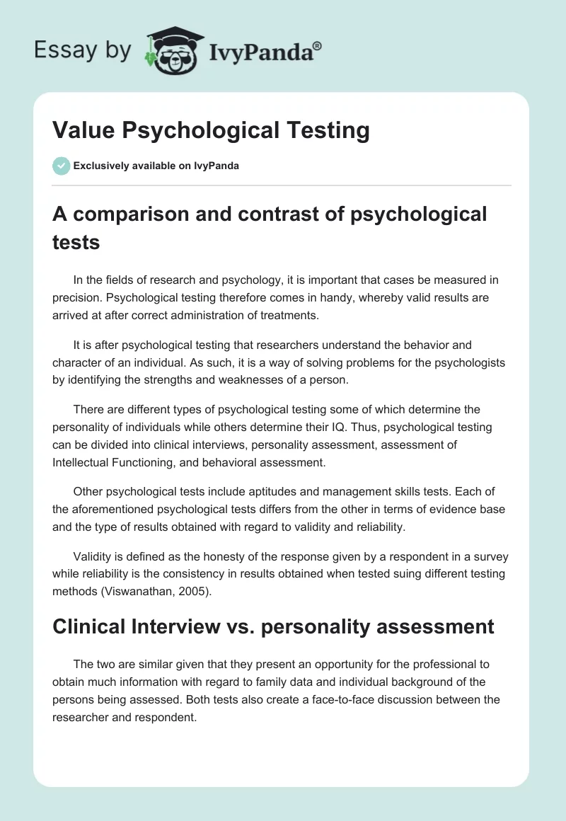 Value Psychological Testing. Page 1
