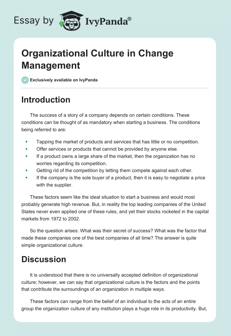 Organizational Culture in Change Management. Page 1