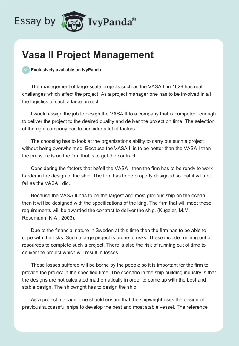 Vasa II Project Management. Page 1