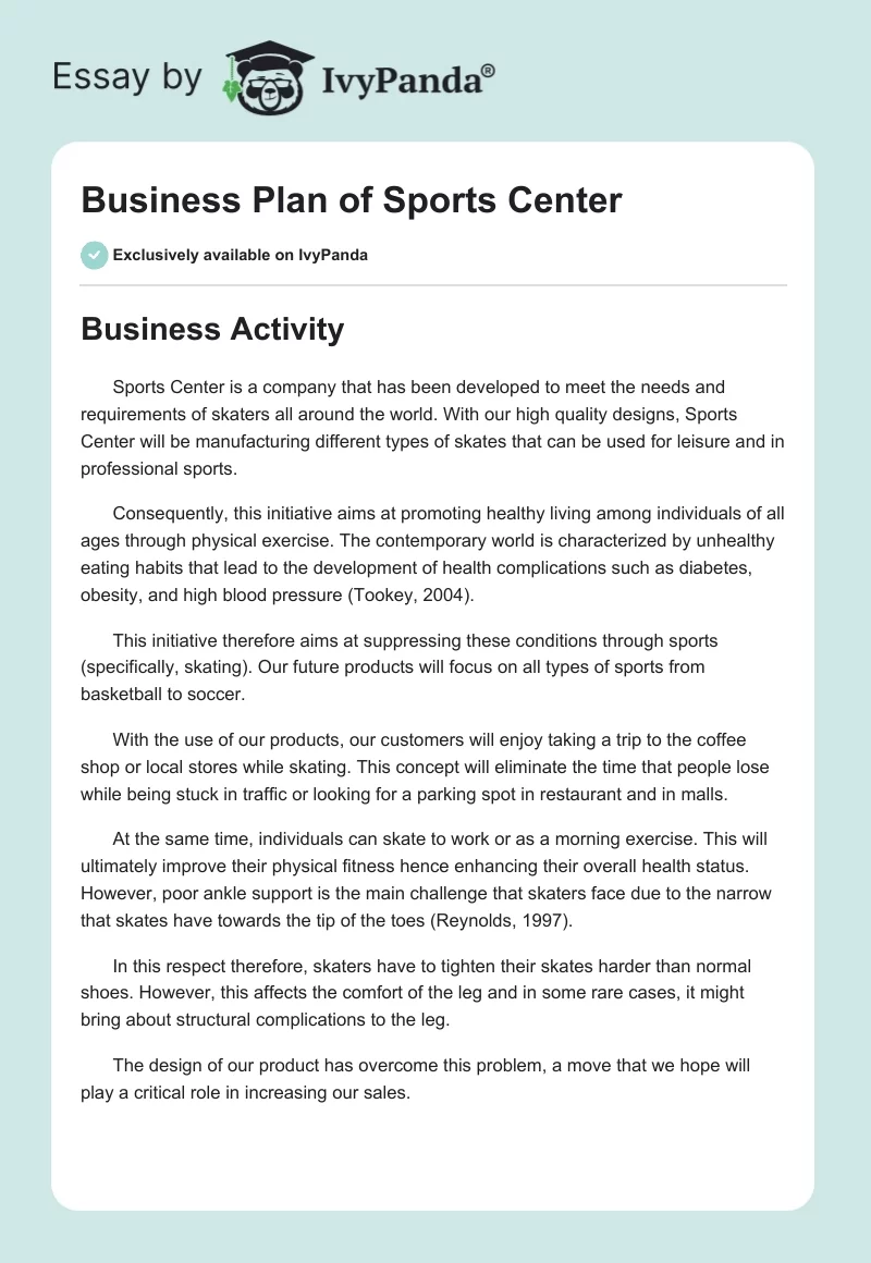 Business Plan of Sports Center. Page 1