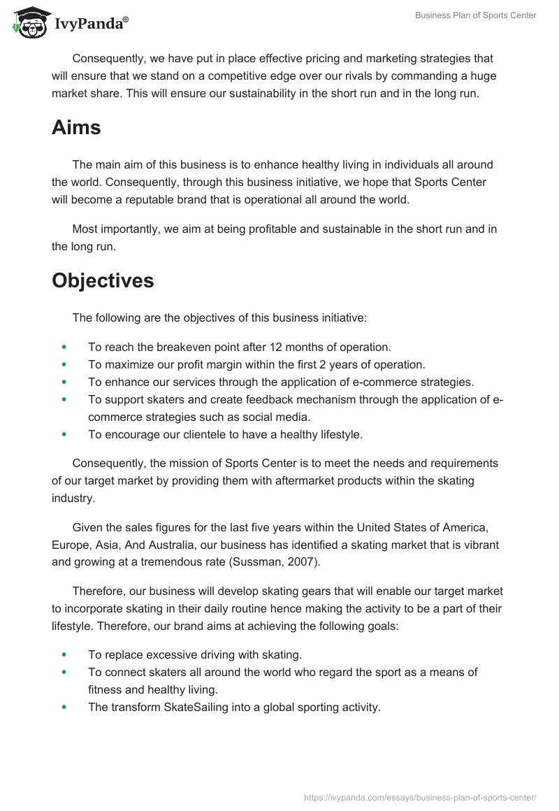 Business Plan of Sports Center. Page 2