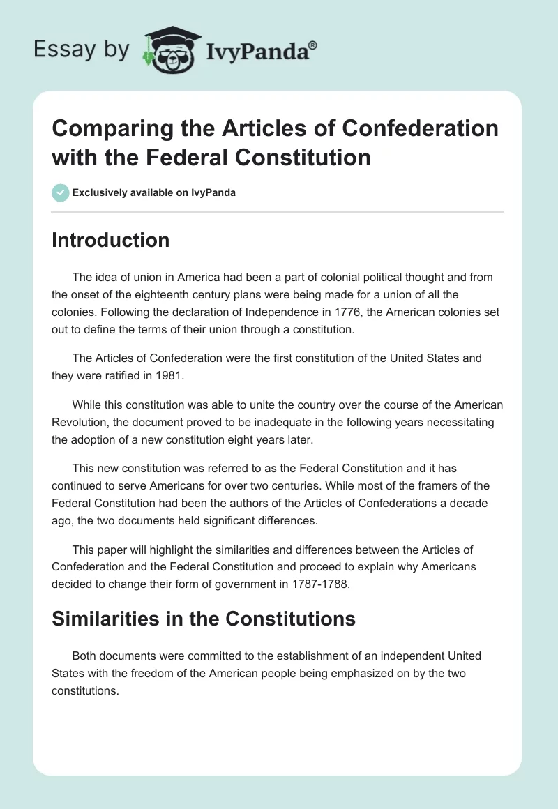 Comparing the Articles of Confederation with the Federal Constitution. Page 1