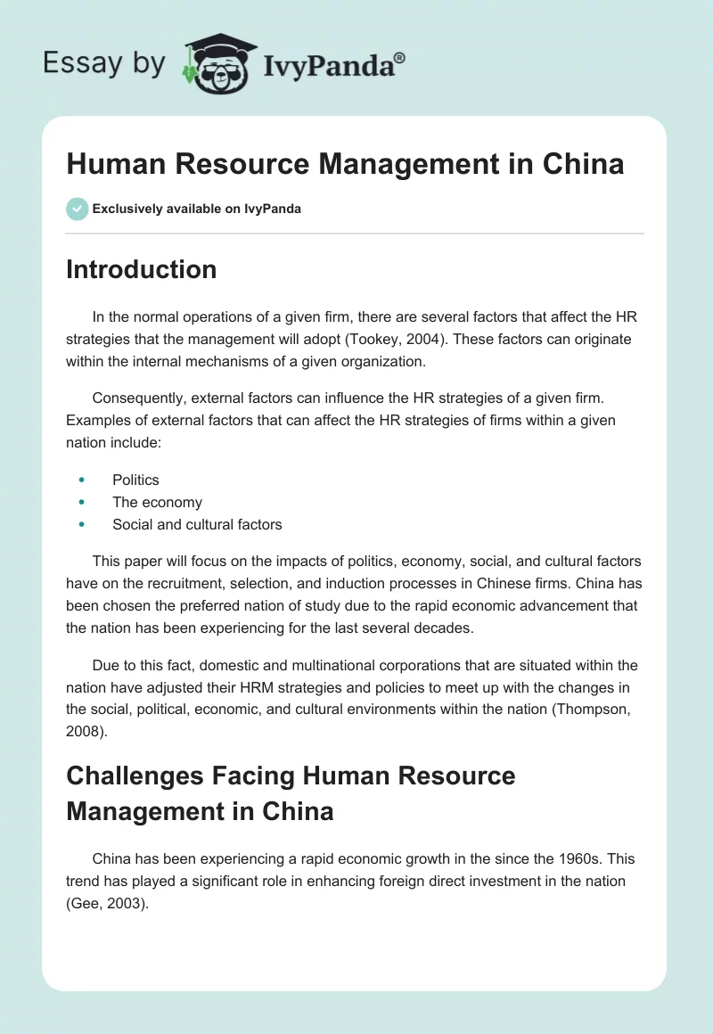 Human Resource Management in China. Page 1