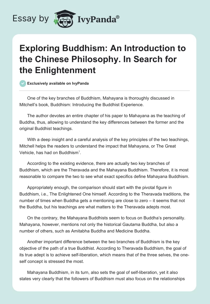 Exploring Buddhism: An Introduction to the Chinese Philosophy. In Search for the Enlightenment. Page 1