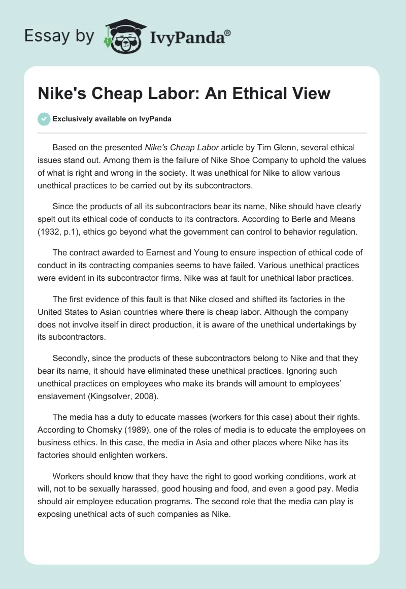 Nike's Cheap Labor: An Ethical View. Page 1