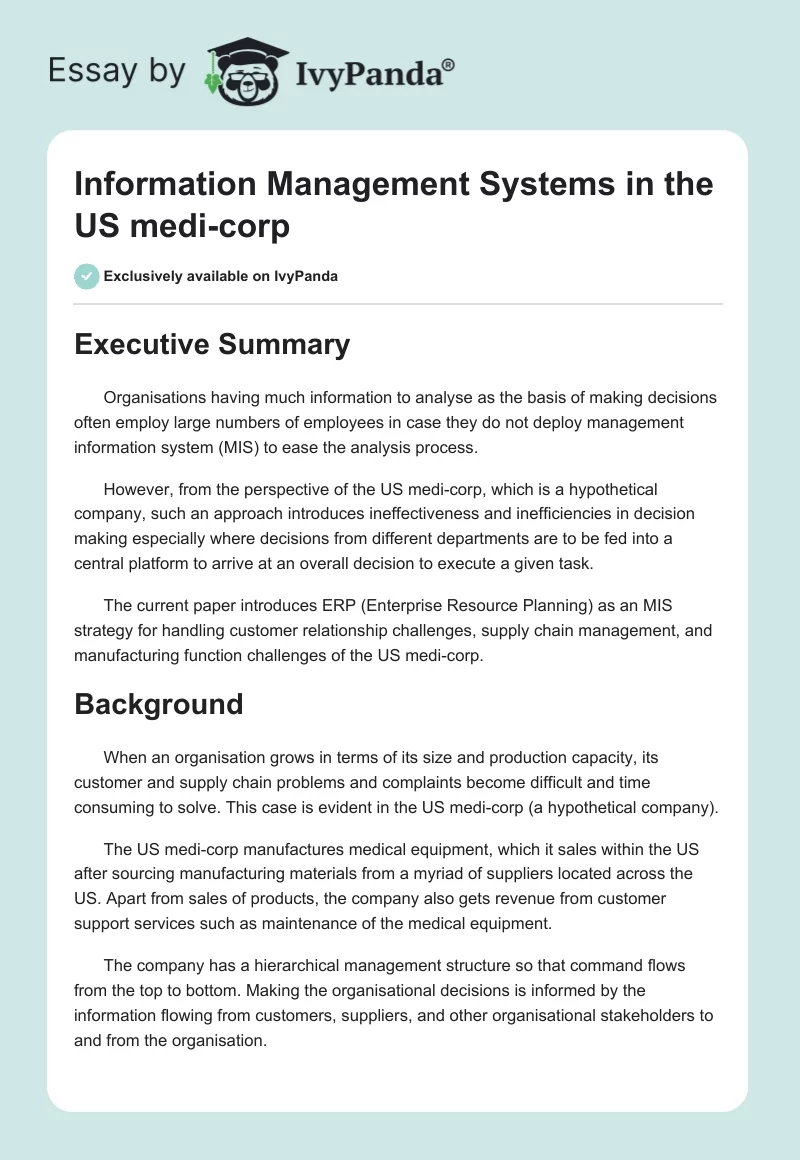 Information Management Systems in the US medi-corp. Page 1