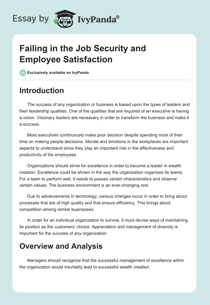Failing in the Job Security and Employee Satisfaction. Page 1