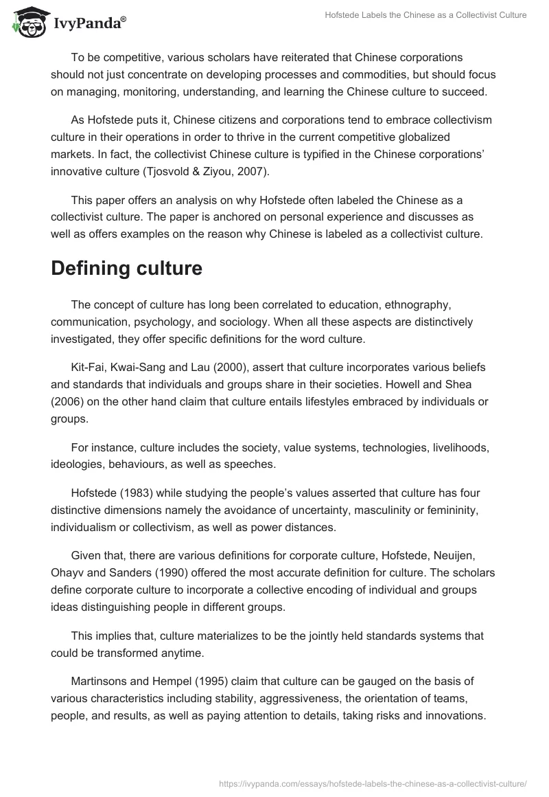 Hofstede Labels the Chinese as a Collectivist Culture. Page 2
