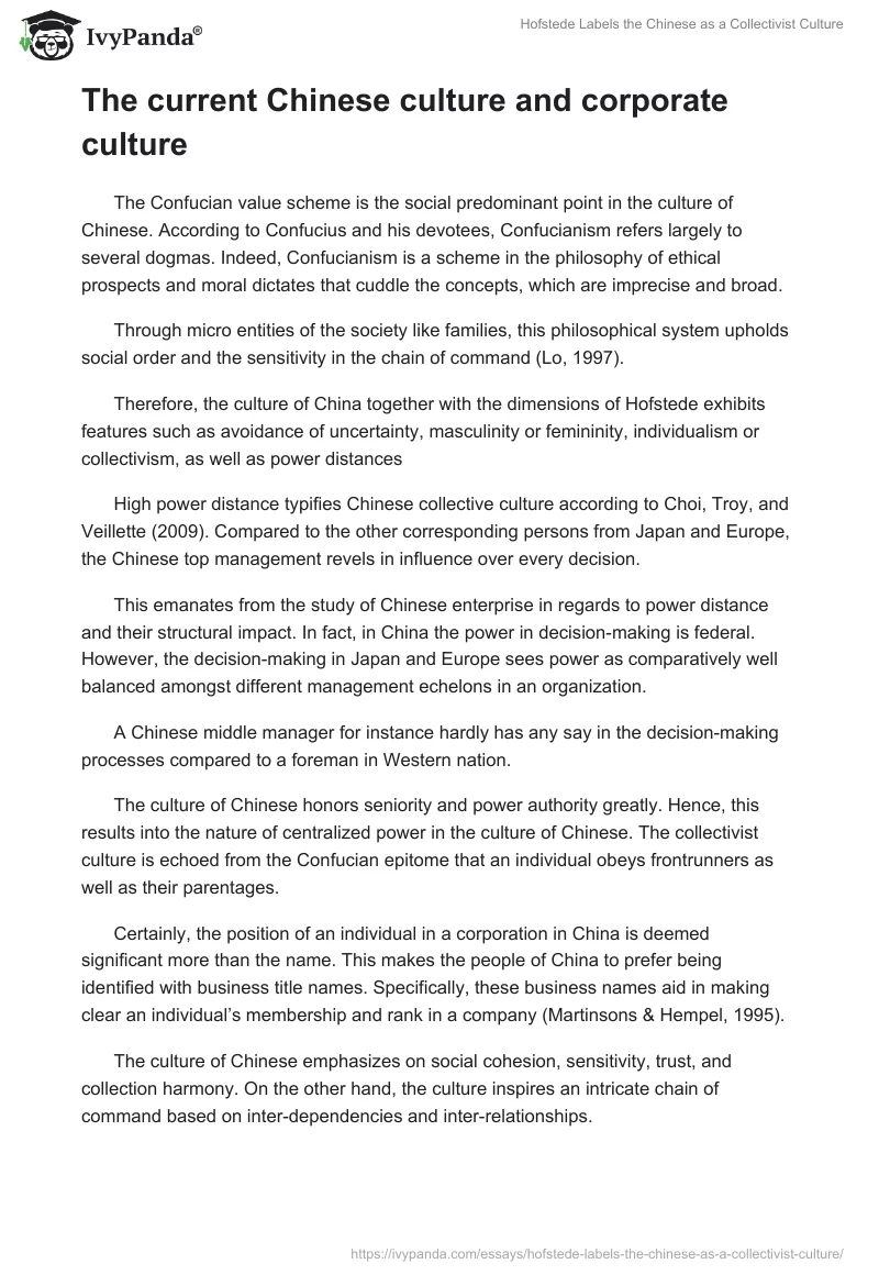 Hofstede Labels the Chinese as a Collectivist Culture. Page 3